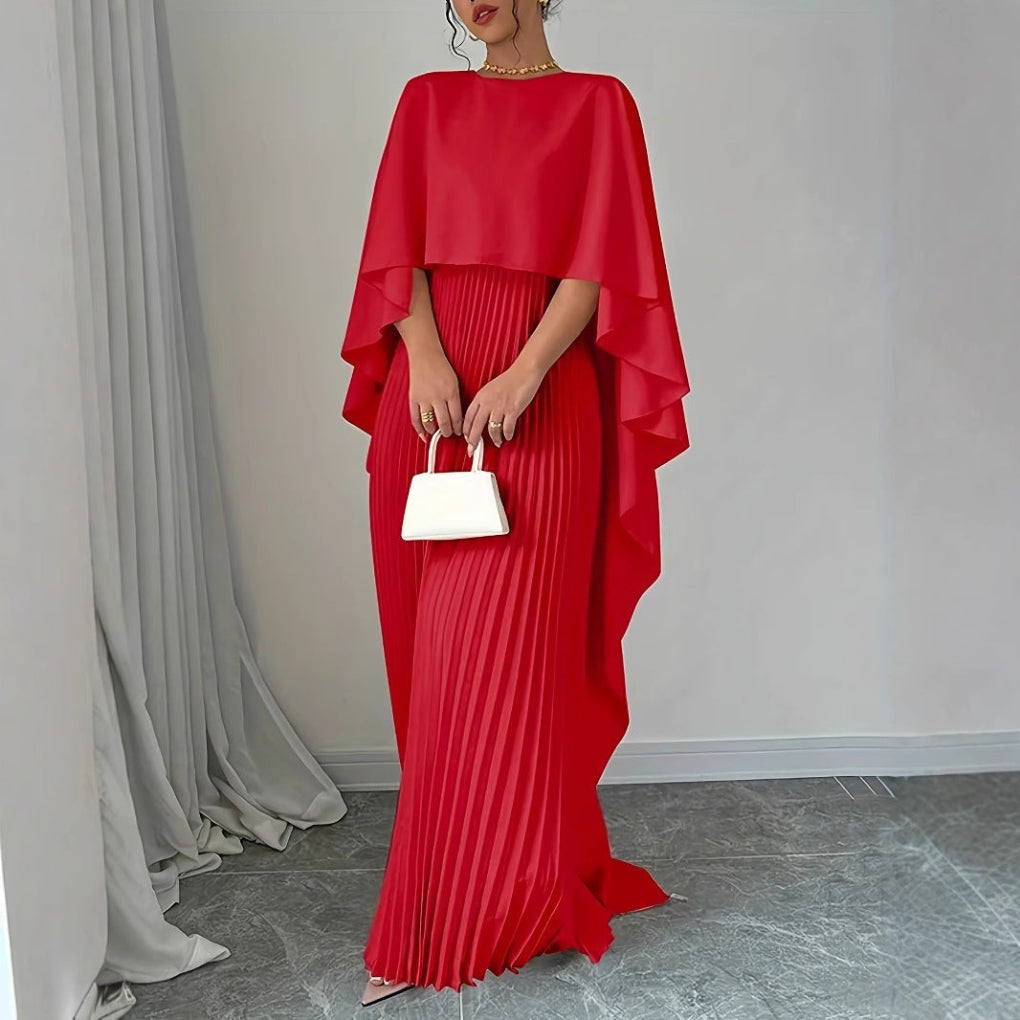 Long Red Pleated Cape Dress for Women - Luxivelle