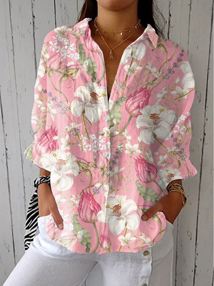 Comfortable Floral Women's Blouse in Pastel Pink - Luxivelle