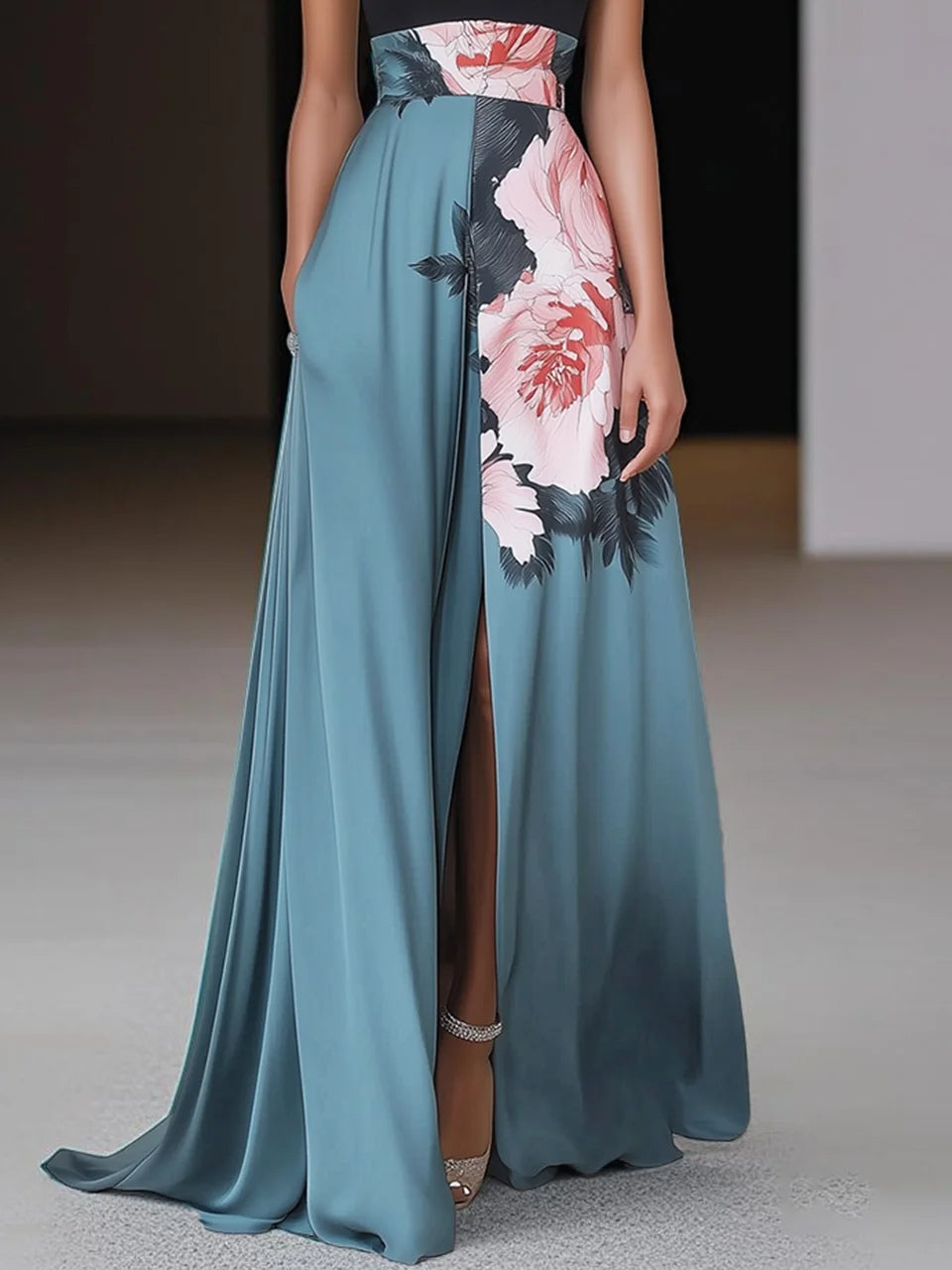 Elegant Floral Sleeveless Black Dress