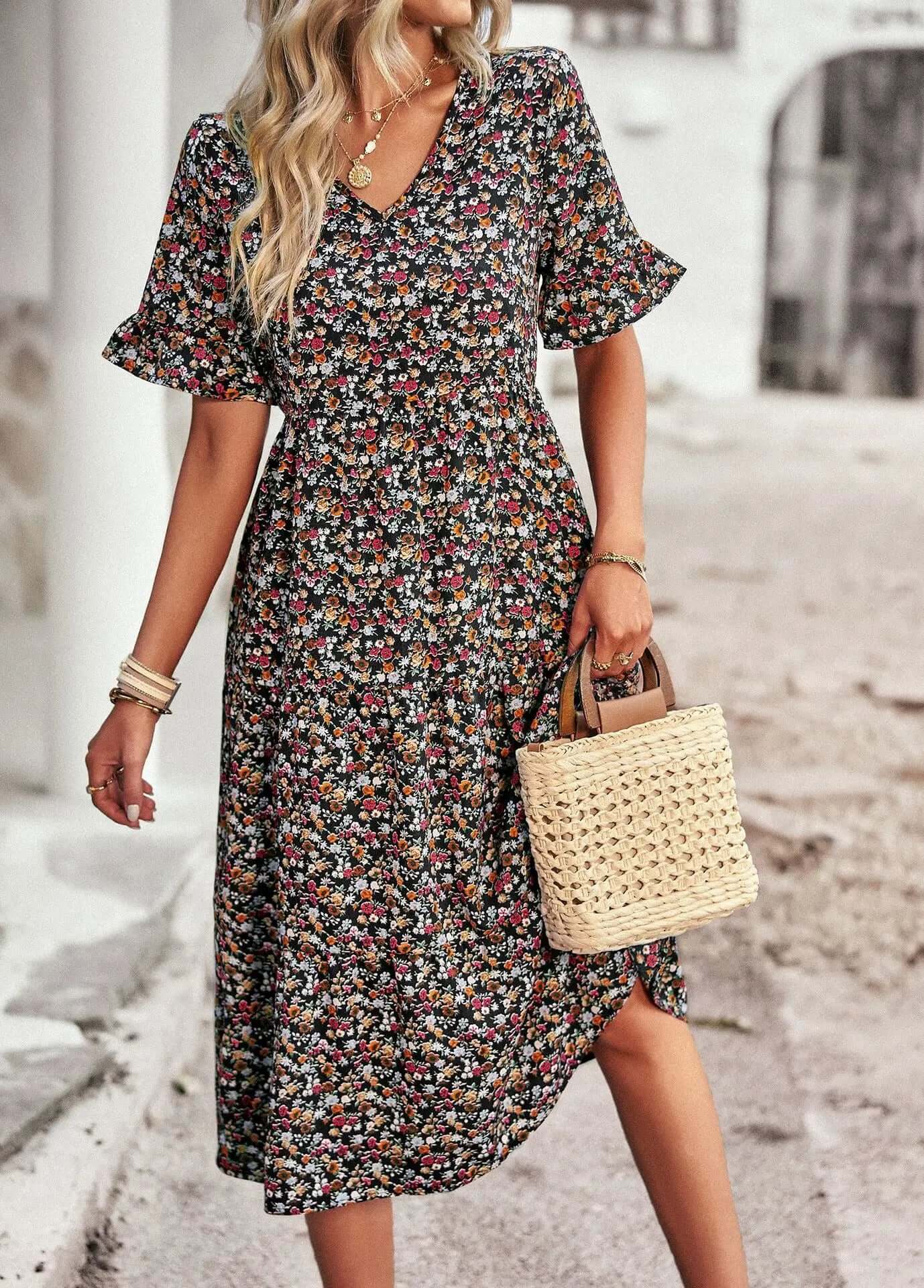 Pretty Patterned V Neck Dress