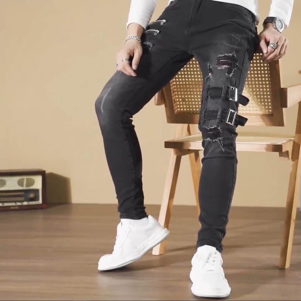 Slim Fit Distressed Biker Jeans for Men
