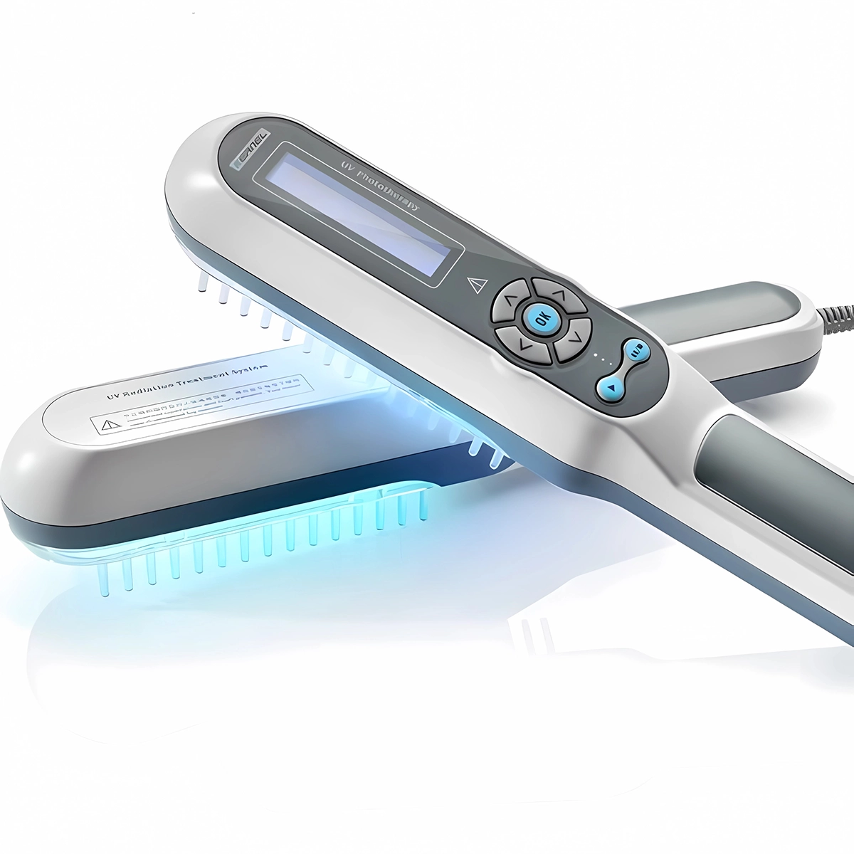 "Compact handheld UVB light therapy device for skin conditions, featuring a portable design and clear LCD display."