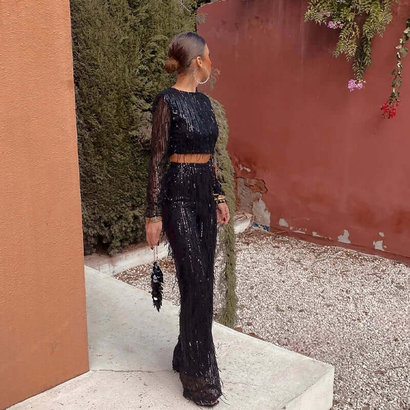 Glittery Sequined Crop Top and Pant Set