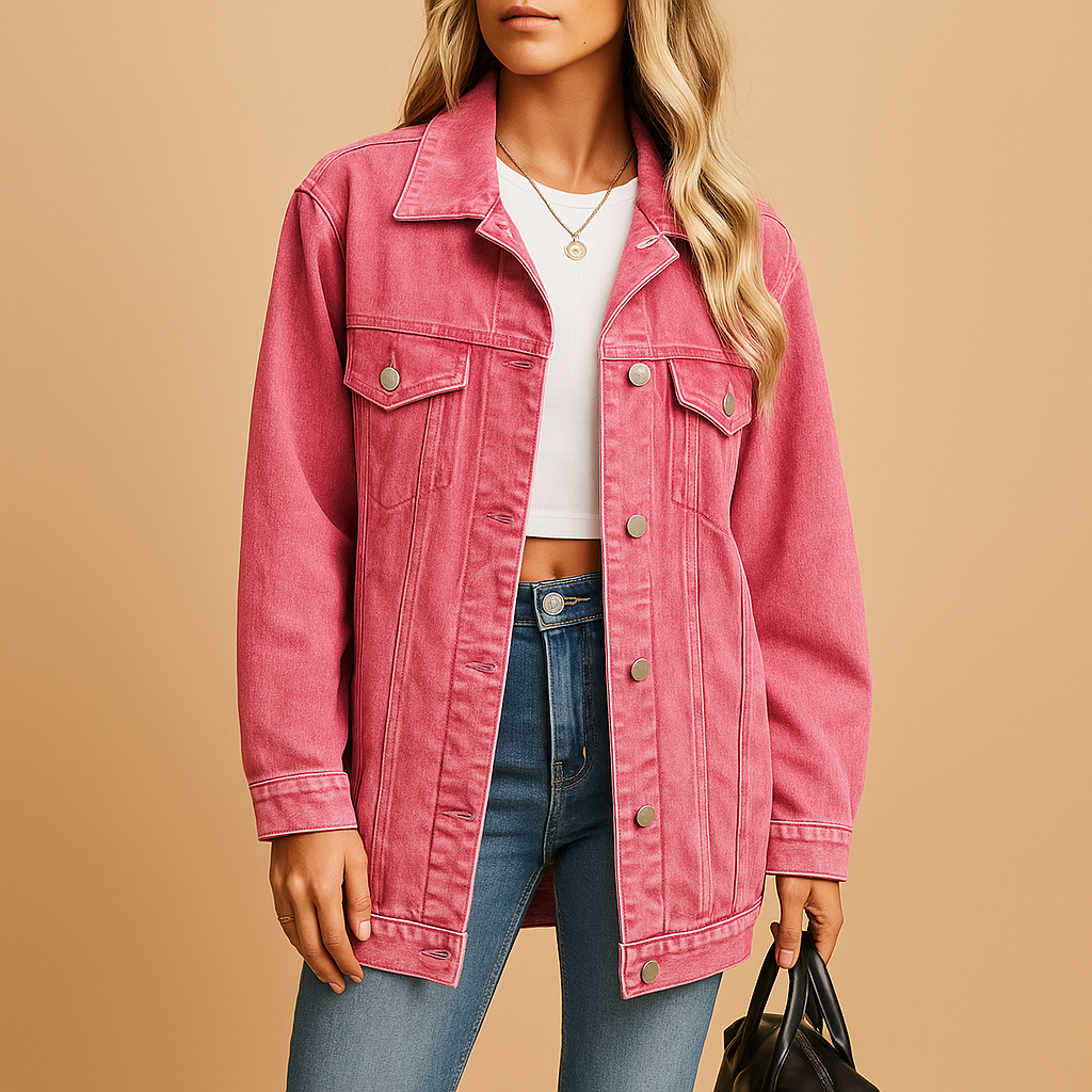 Women’s denim winter jacket with button closure and warm lining, perfect for cold-weather style and casual outings.
