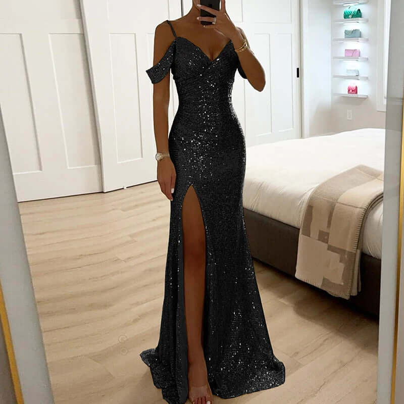 Glittering Formal Dress, Off Shoulder, Bodycon, V Neck