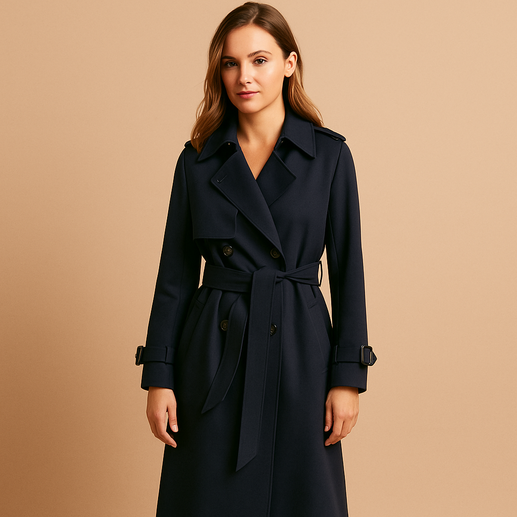 Elegant long winter coat for women with double-breasted front, tailored silhouette, and warm lining, perfect for stylish cold-weather wear.