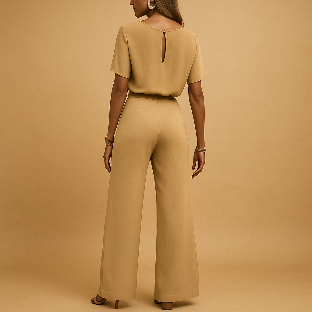 Women’s elegant jumpsuit with tailored fit and flowing sleeves in black, beige, or green, perfect for weddings, galas, or formal evenings.