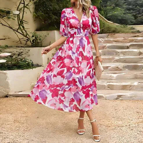 Ladies' Fluffy Sleeve Mid Length Dress with Fitted Waist