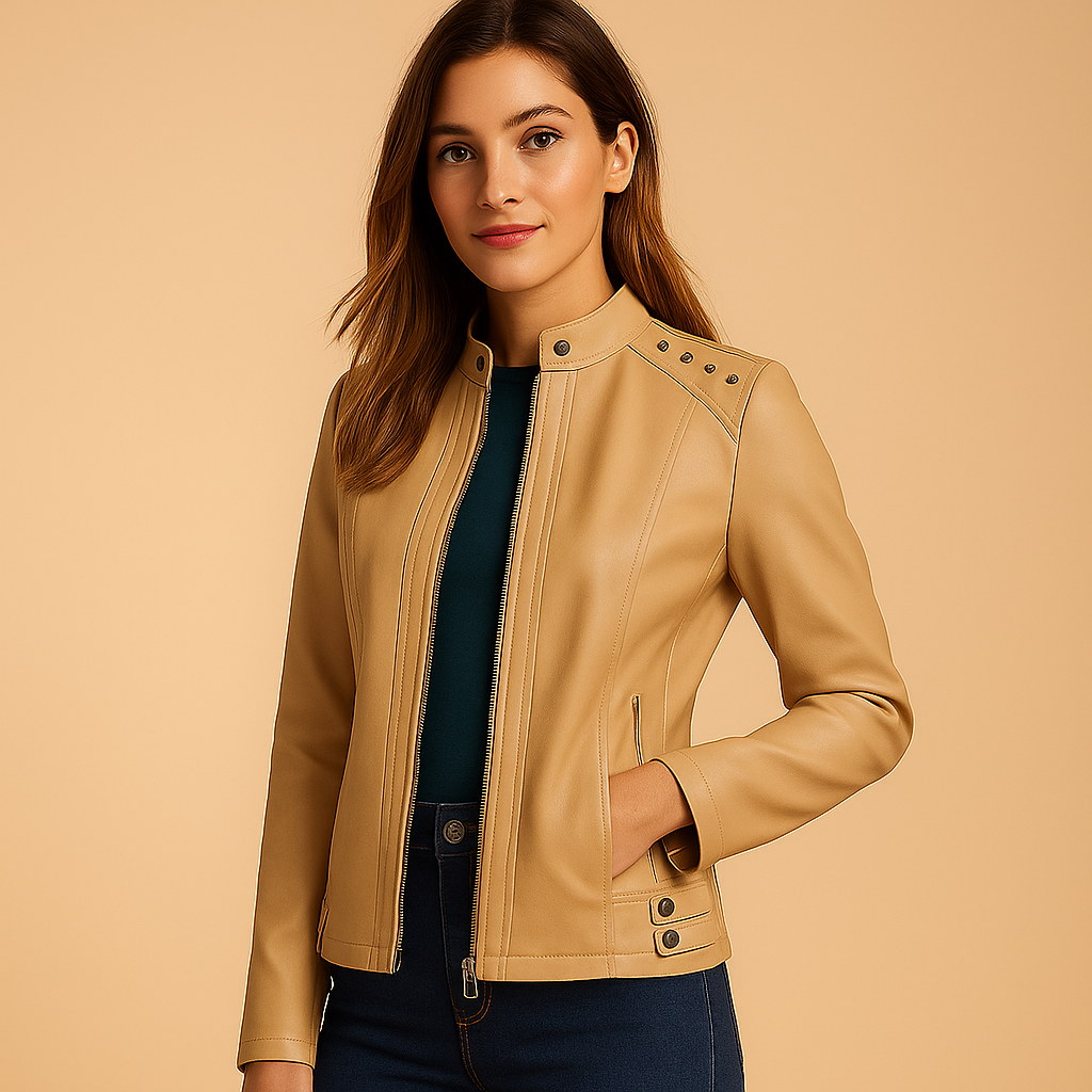 Faux leather biker jacket for women with structured fit, standing collar, silver zippers, and elegant studded accents for versatile styling.