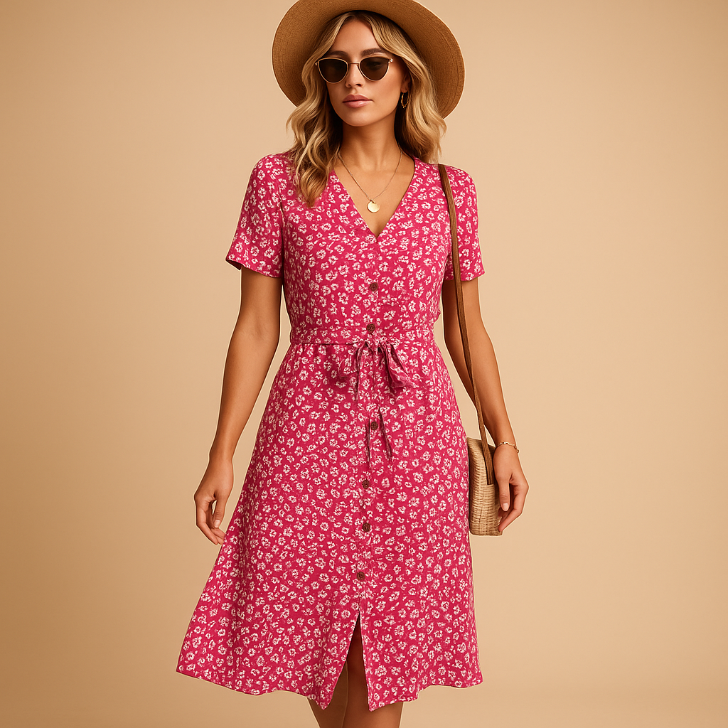 Floral midi dress for women with short sleeves in breathable fabric, perfect for summer days, garden parties, and relaxed casual wear.