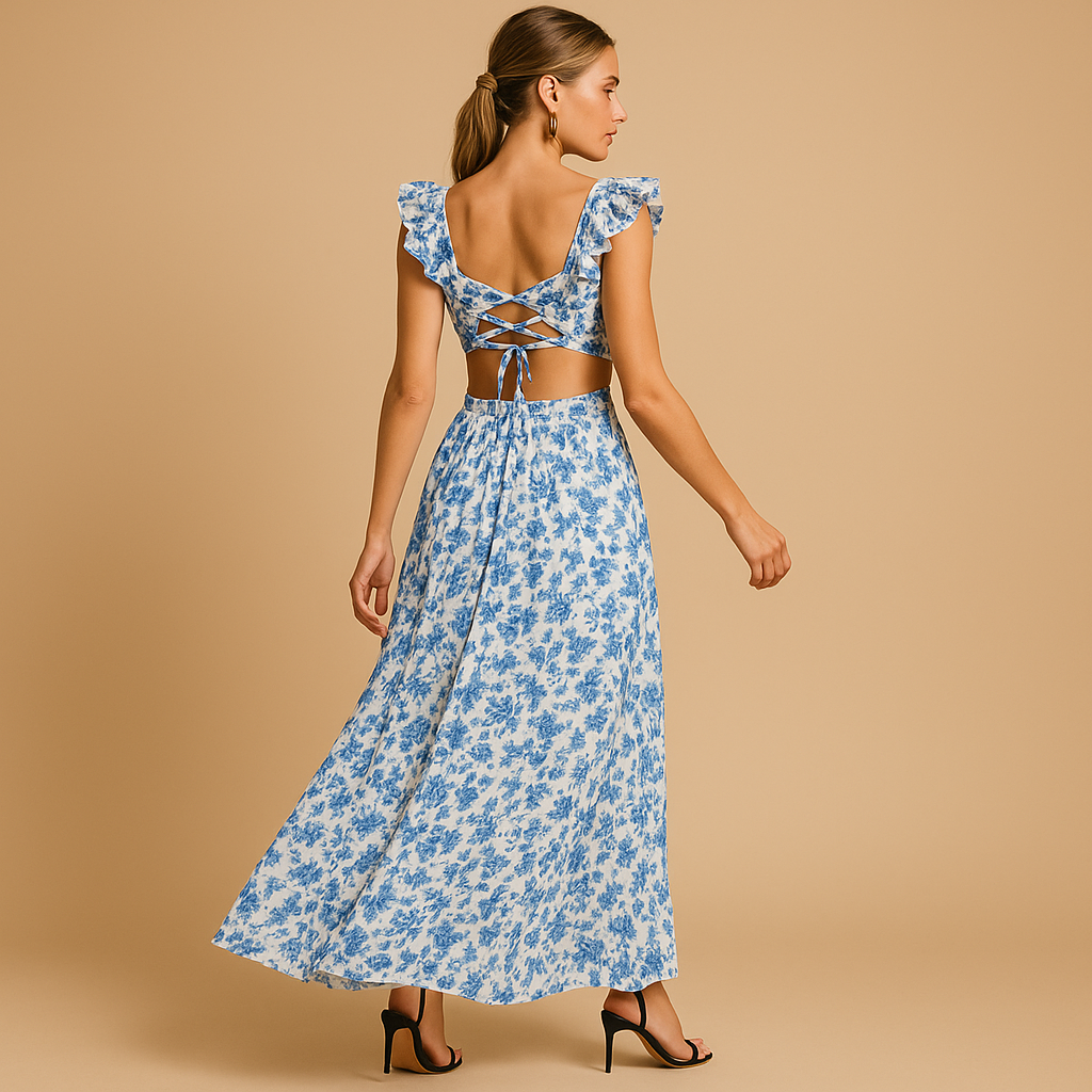 Floral maxi dress for women with ruffles, deep V-neck, and high slit, perfect for summer weddings and stylish evening events.