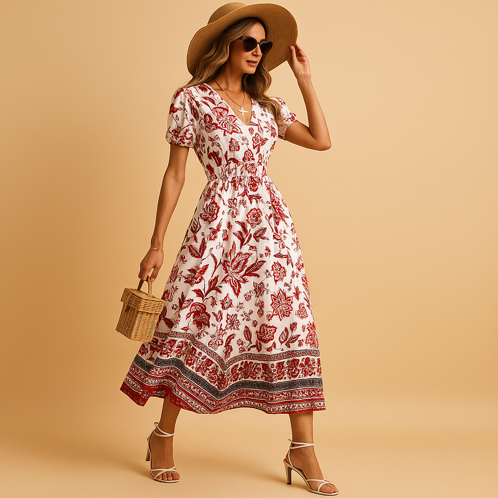 Floral summer dress for women with V-neck and short sleeves, made from light fabric, perfect for holidays, beach walks, and city days.