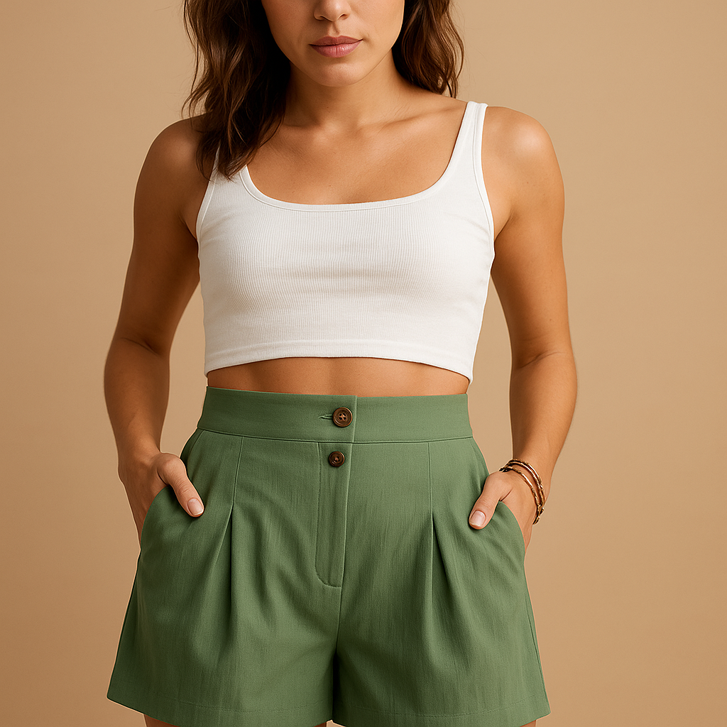 Women’s high-waisted tailored shorts with double front button detail, ideal for stylish summer looks and everyday wear.