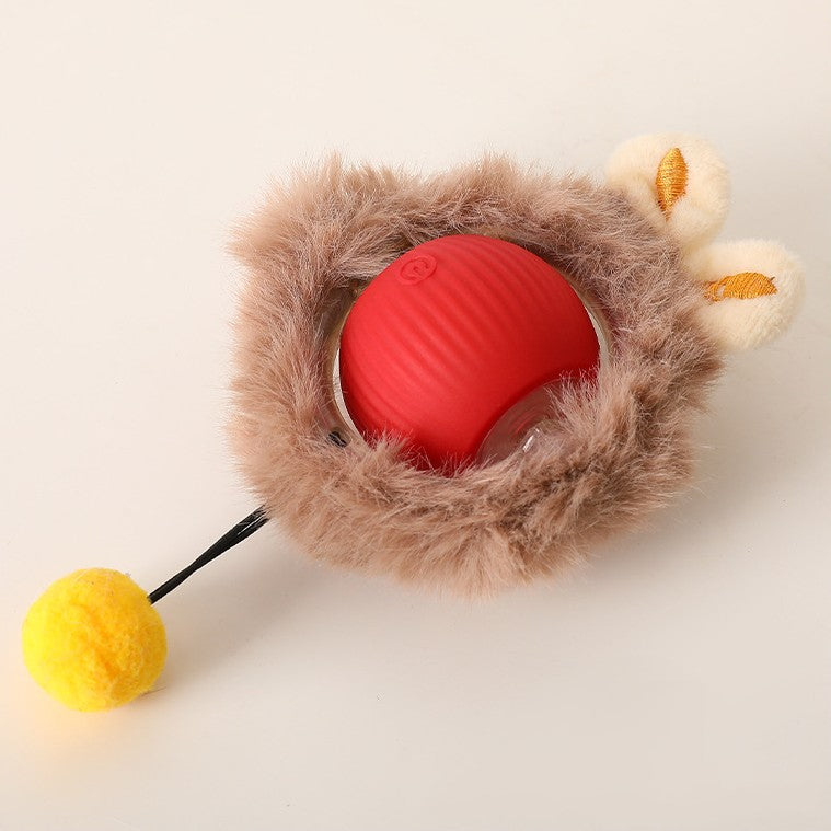 "Interactive cat toy, rolling ball with plush tail, vibrant color options for engaging feline play and exercise."