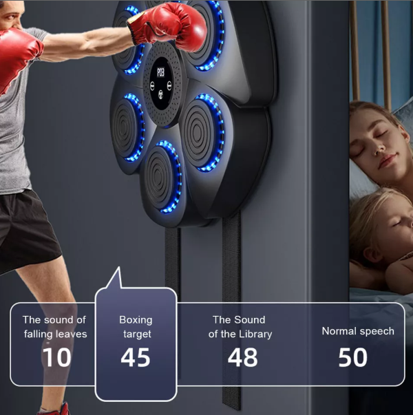 Interactive fitness boxing pad with RGB LED lights, Bluetooth, adjustable speed, and durable ABS material for home workouts.