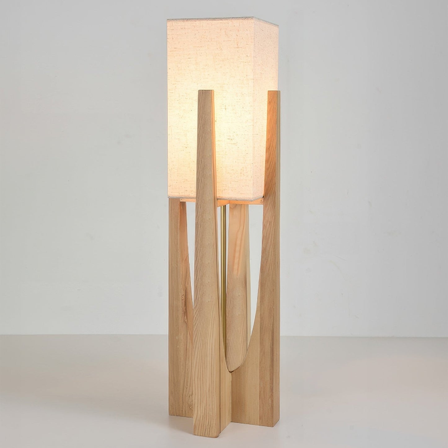 Japanese-style walnut floor lamp with LED, featuring a sturdy walnut base, brass accents, and cotton-linen shade for ambient