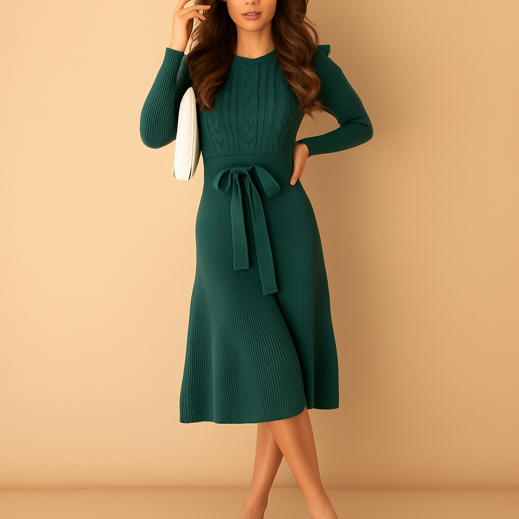 Women’s knitted autumn dress with long sleeves, round neckline, and waist belt in beige, black, grey, red, and green for stylish everyday wear.