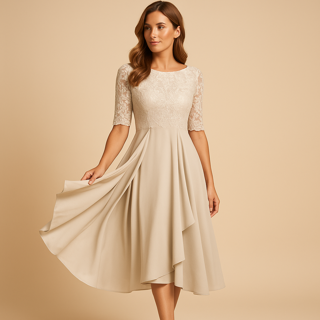 Elegant midi dress for women with lace top and asymmetrical layered skirt, perfect for cocktail parties and formal summer occasions.