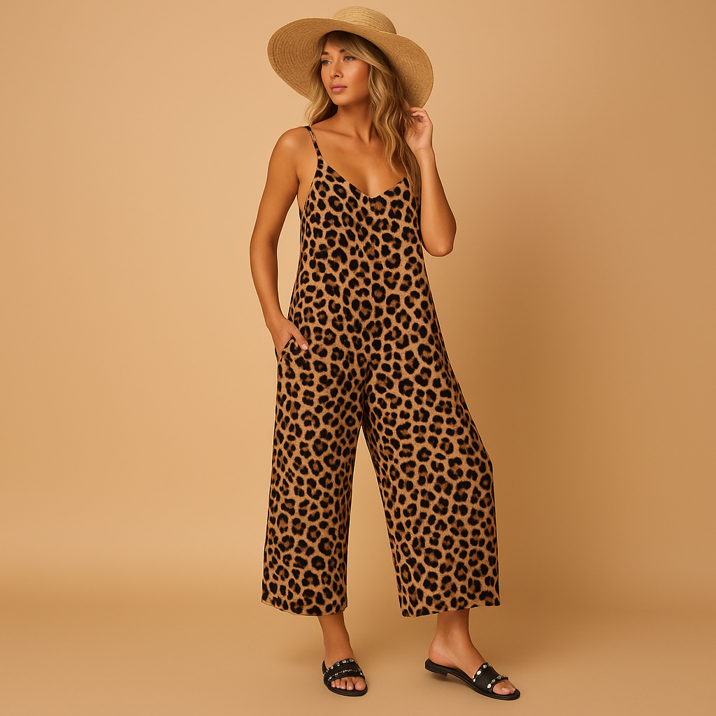 Leopard print halter-neck jumpsuit for women in blue, khaki, and coffee, designed for summer outings with an airy, flattering fit.