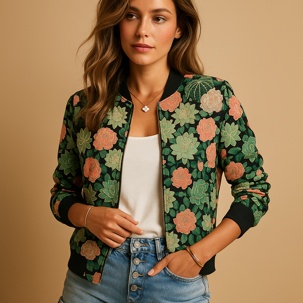 Lightweight summer jacket for women with floral and modern prints in green, white, grey, and black—perfect for spring and casual outfits