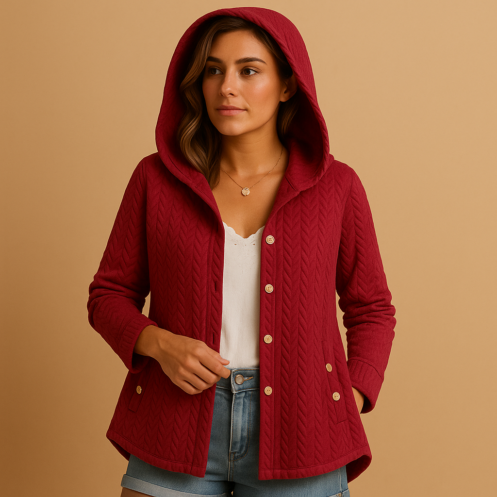 Women’s long winter coat with hood and buttons in red, green, black, grey, and navy, perfect for warmth and everyday winter elegance