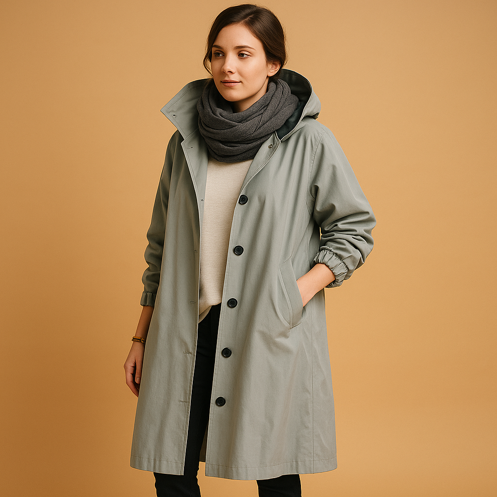 Women’s long waterproof raincoat with hood and belt, ideal for staying dry and stylish in all weather conditions.
