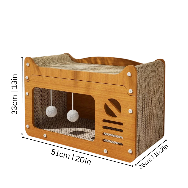 "Luxury multi-level cat scratcher house with plush toys, made of wood and sisal for durability, offers play and relaxation."