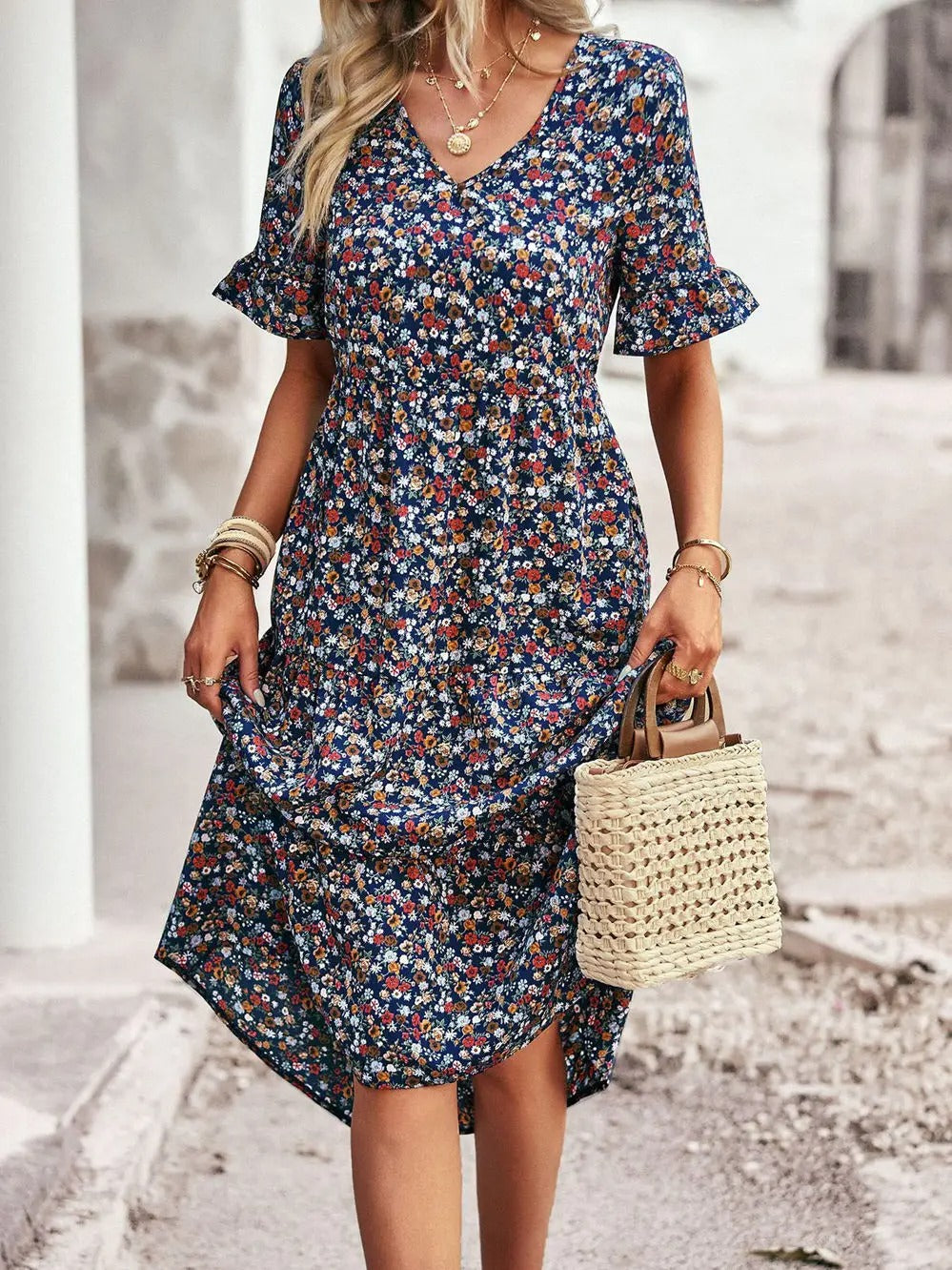 Franziska | Airy flutter sleeves v neck midi dress