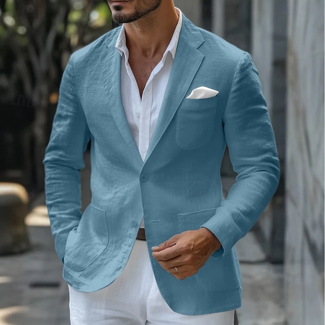 Men's classic linen blazer in beige, tailored for a sleek fit, ideal for summer elegance with versatile styling options.