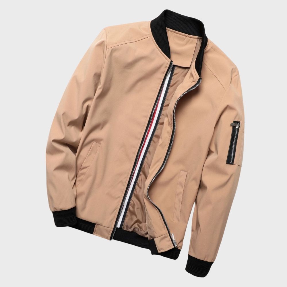 Men's lightweight all-season bomber jacket, regular fit, ribbed cuffs, front view, gray color, versatile outerwear.