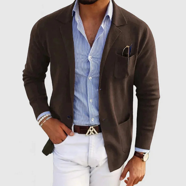"Men's lightweight casual knit blazer, tailored fit, in beige color, showcasing sleek design and versatile styling options."