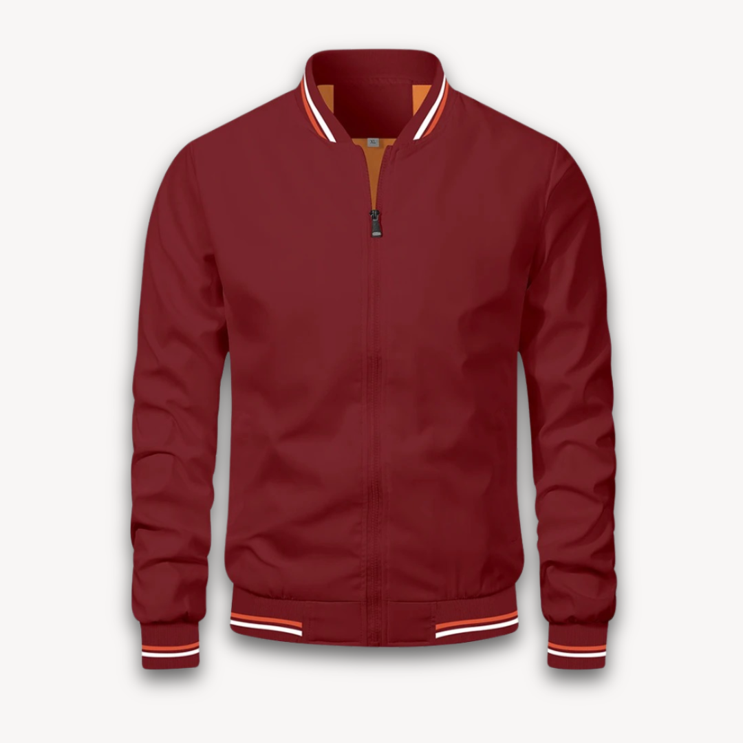 "Men's lightweight polyester bomber jacket, stylish windbreaker with zip front and ribbed cuffs, ideal for casual outings."