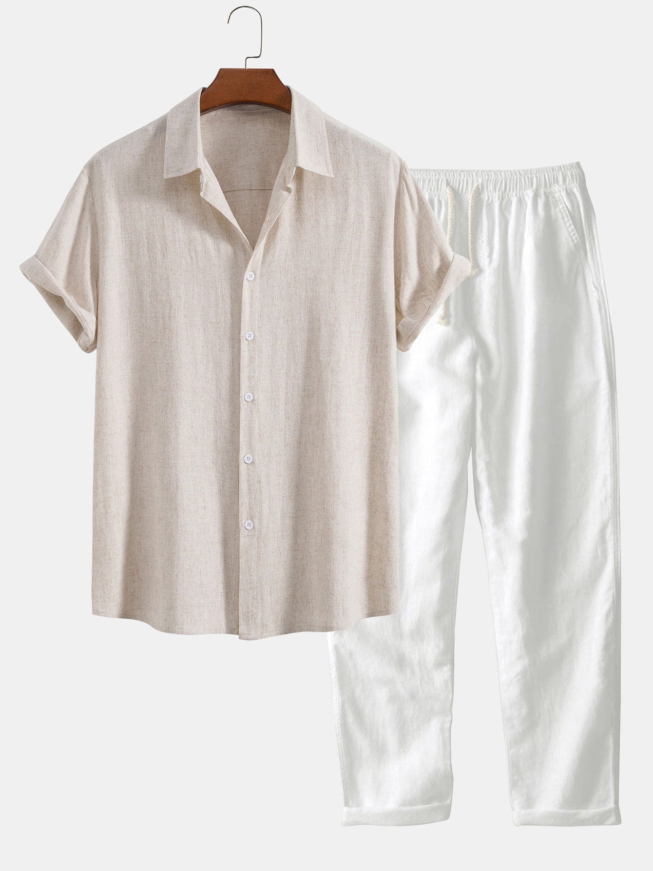 "Men's Linen Summer Set, short-sleeve shirt and pants, breathable, versatile, in Beige, Coffee, and Navy for casual elegance.