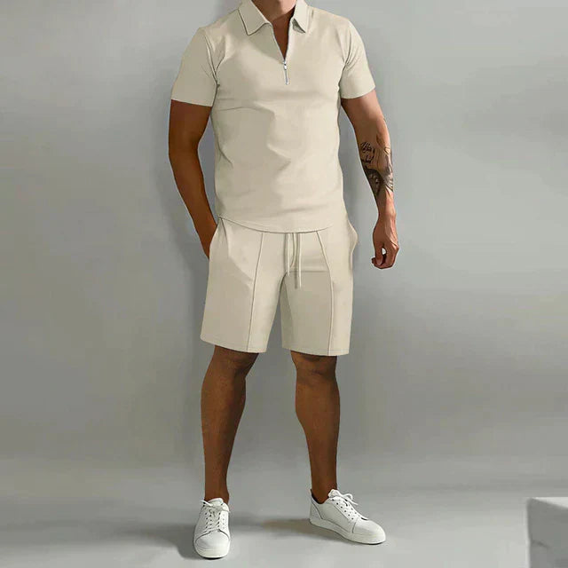 "Men's polo and shorts two-piece set; stylish, lightweight, and breathable for smart-casual wear, perfect for summer."