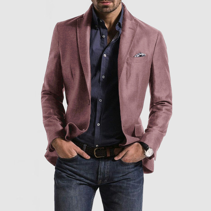 "Men's slim fit wool blend suit jacket with notch lapel; elegant navy blue blazer for formal events; tailored style."