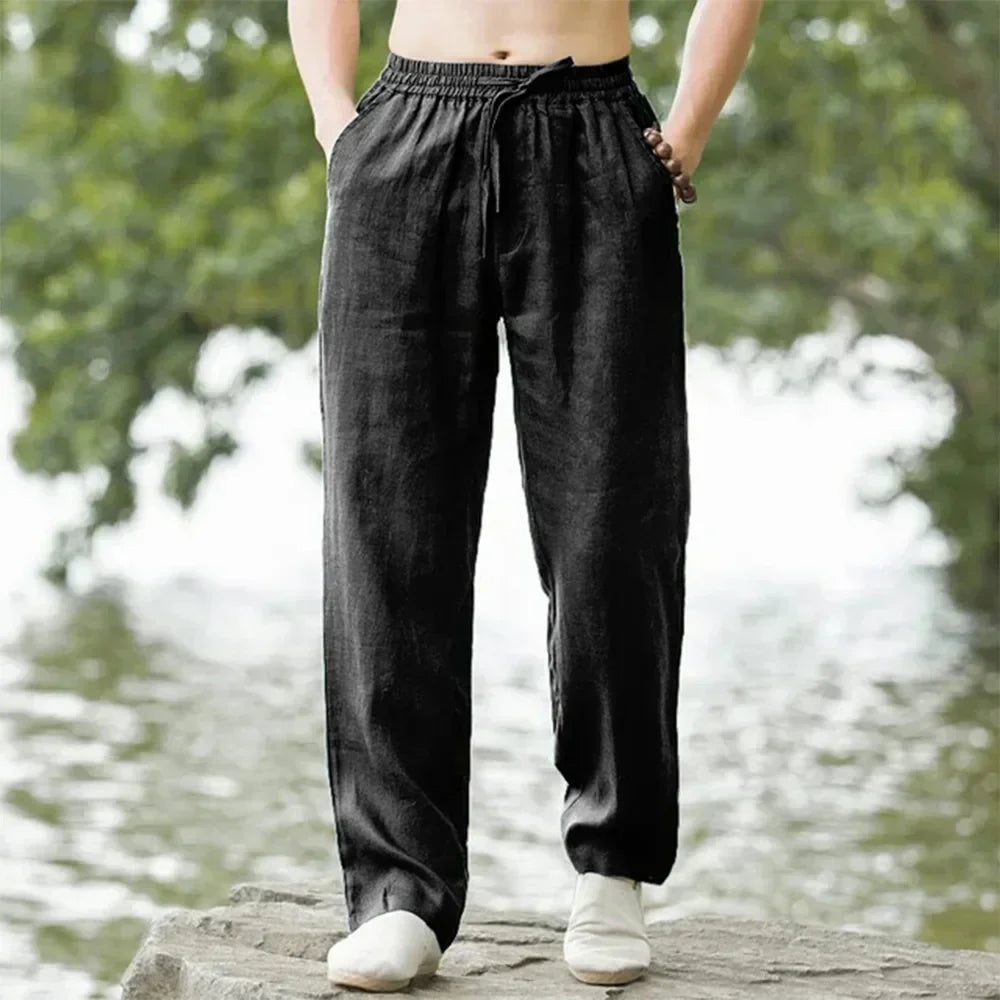 Men's summer linen pants, front view. Breathable lightweight fabric, relaxed fit with elastic waistband, perfect for casual w