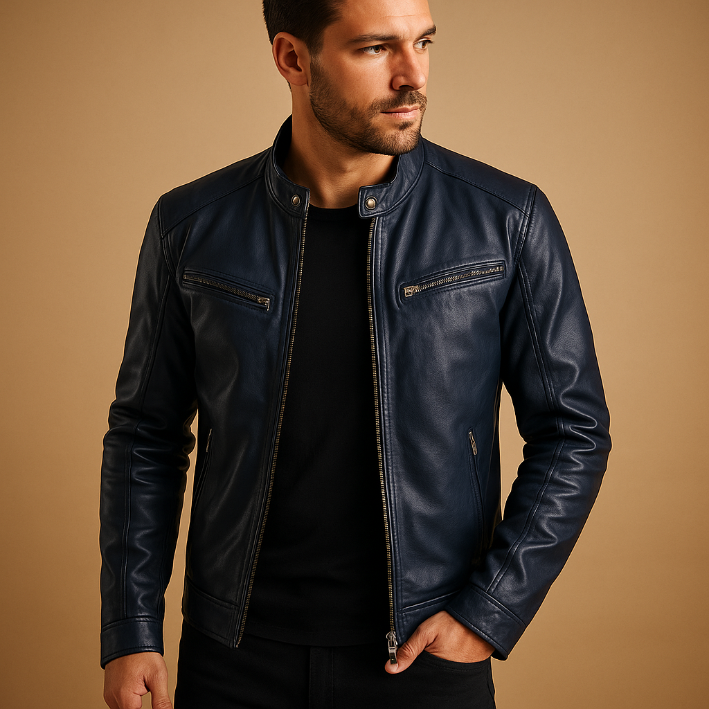 Men’s mid-season PU leather jacket in black, auburn, camel, and navy blue, ideal for casual or formal outfits during spring and fall