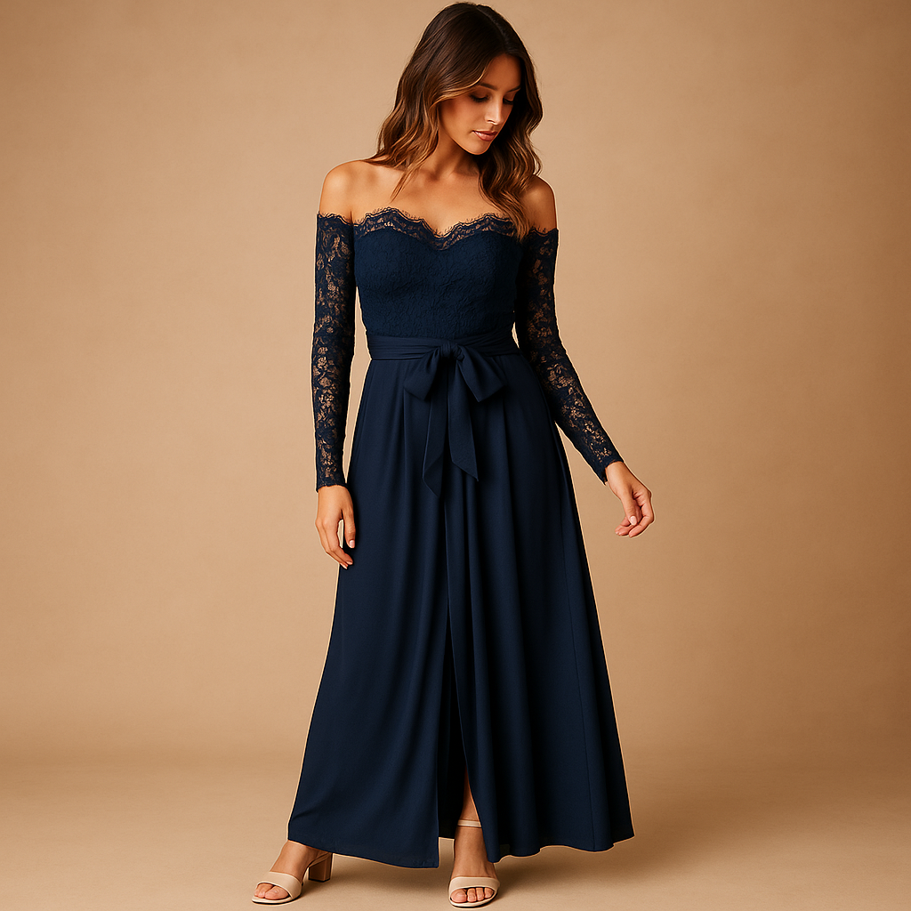 Off-shoulder jumpsuit with lace detailing and side split for women in navy blue, ideal for formal evenings and special occasions.