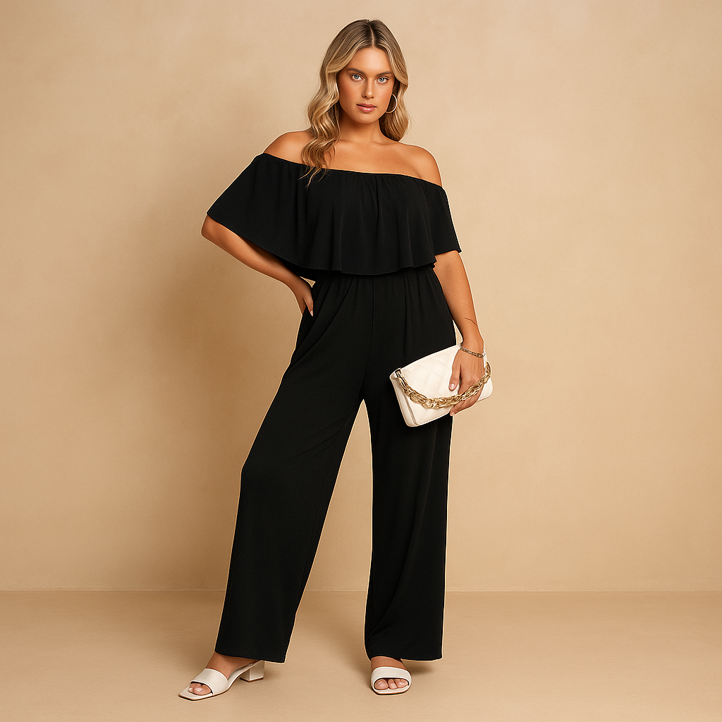 Off-shoulder summer jumpsuit for women with a loose fit in grey, blue, red, and black, ideal for garden parties, beach days, and casual outings.