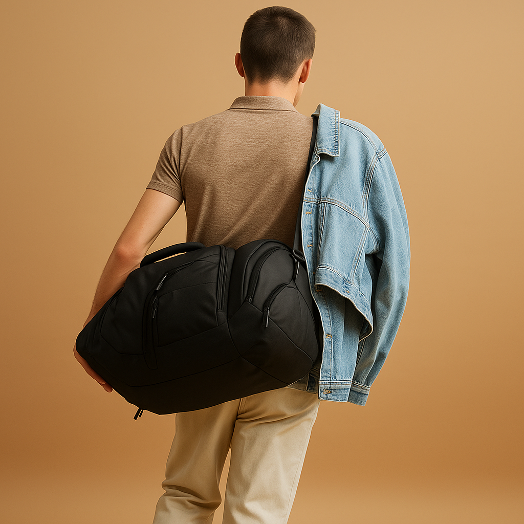 Men’s oxford garment duffle bag with built-in suit holder, shoe compartment, and convertible straps, ideal for business or travel.
