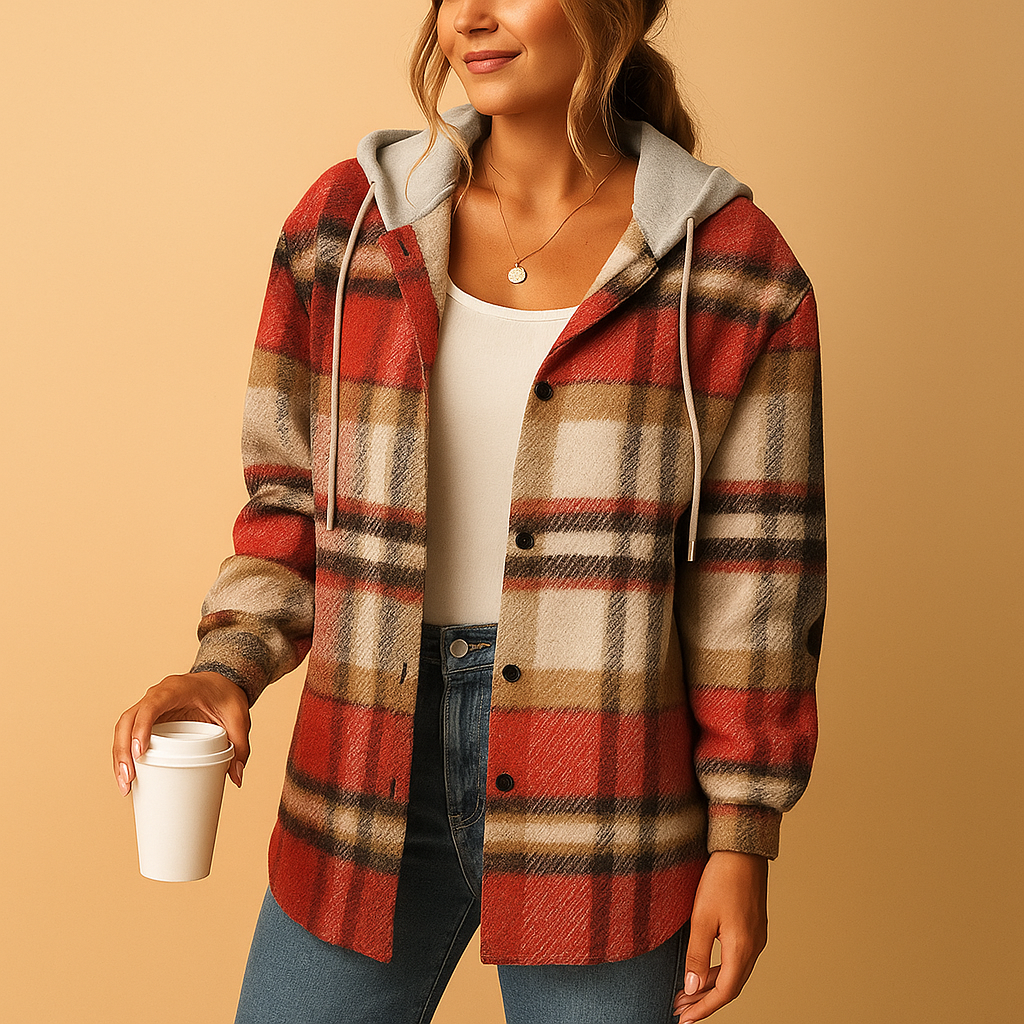 Plaid hooded jacket for women with roomy fit, soft material, and versatile style—perfect for casual wear in spring, fall, and winter.