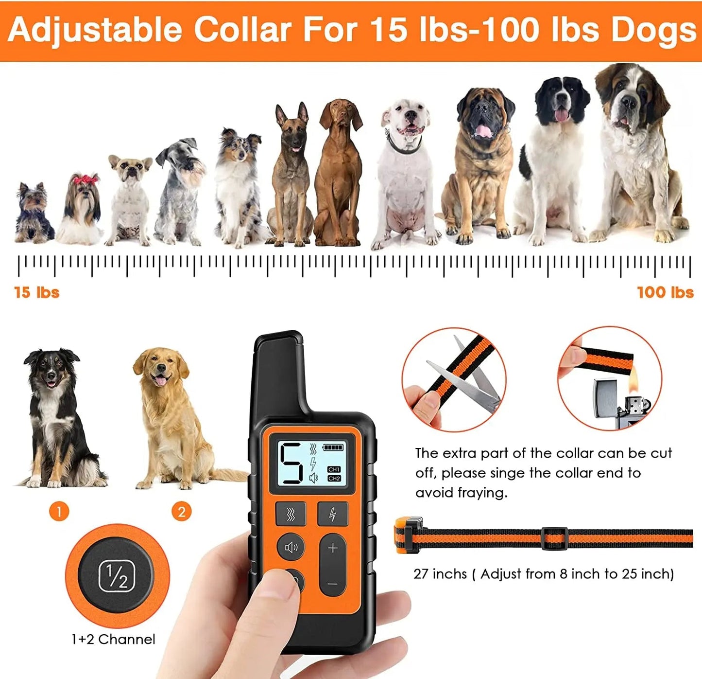 "Remote for 5-level adjustable dog training collar, black with LCD screen and buttons, for controlling training modes."