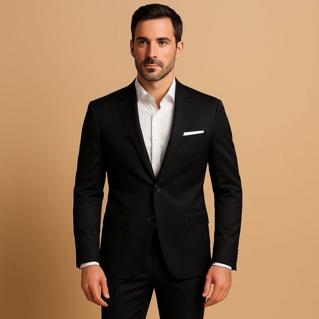 Men’s slim fit suit with tailored blazer and trousers, ideal for weddings, business meetings, and formal occasions in a sharp modern style.