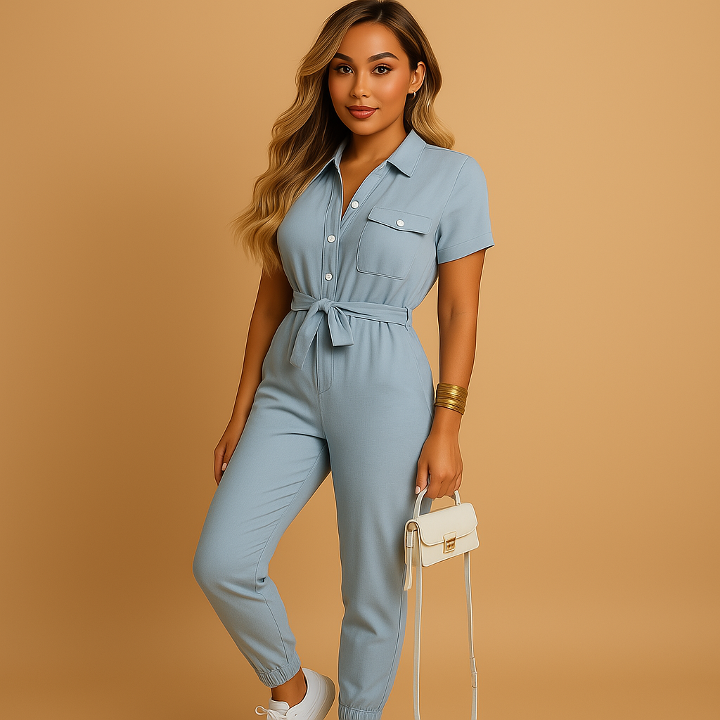 Women’s tailored one-piece jumpsuit with button detail and flattering fit, ideal for office, social outings, or elegant dinners.