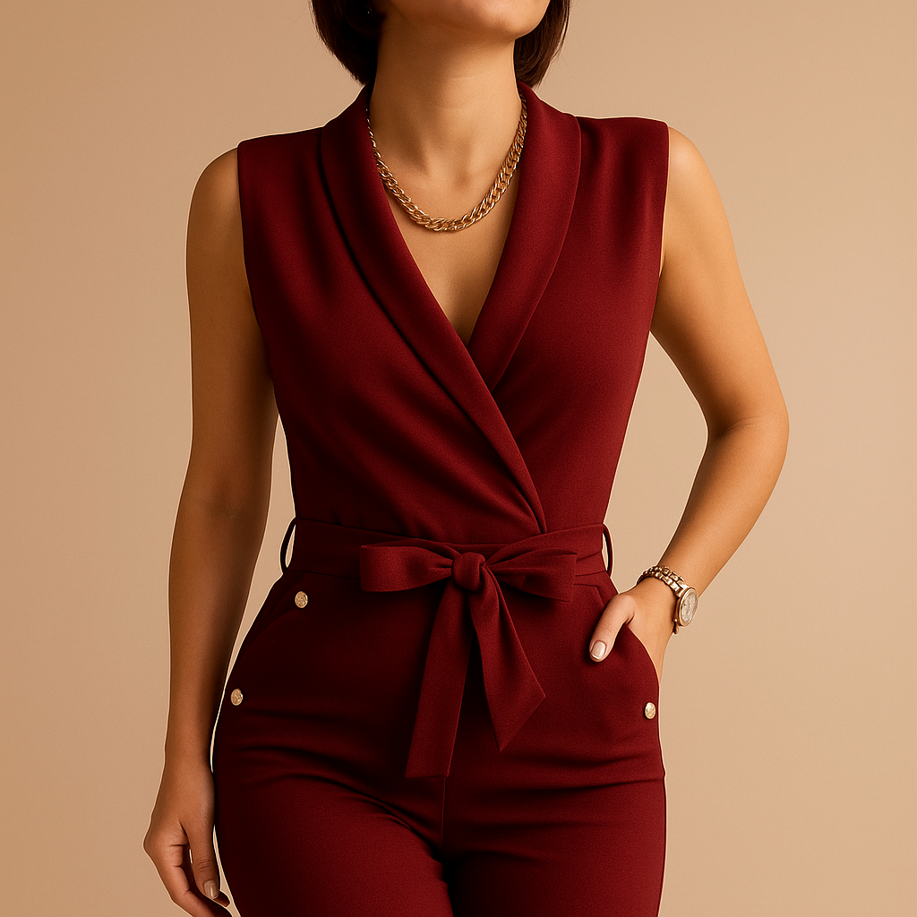 Elegant tailored jumpsuit for women with deep V-neck, waist tie and sleeveless design, ideal for parties and formal occasions.