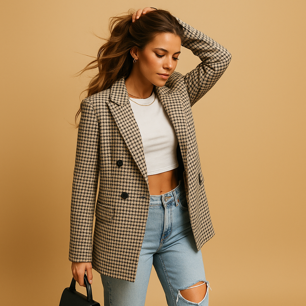 Women’s timeless tailored blazer with classic fit and natural fiber blend, ideal for work, formal meetings, or refined everyday wear.