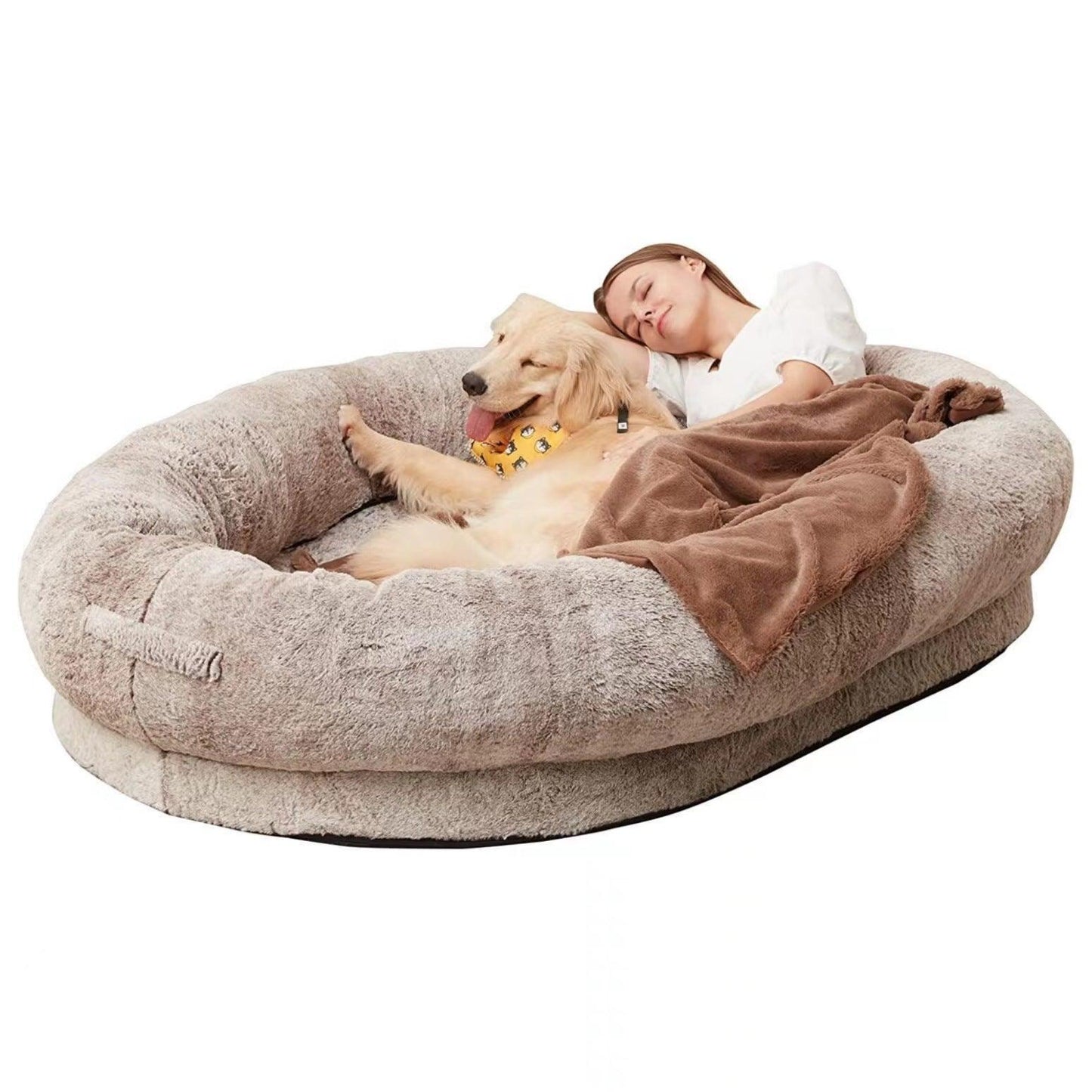 "Ultra-comfy plush lounger for pets and humans, oversized with plush pillow bolsters, dual-layer memory foam, stylish design.