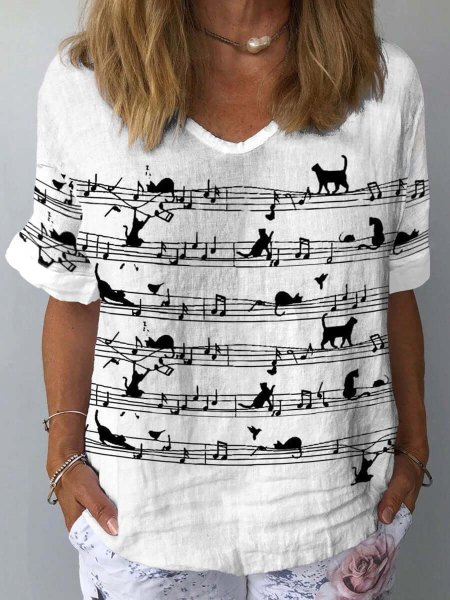 Relaxed Fit Cat Pattern Blouse - Luxivelle