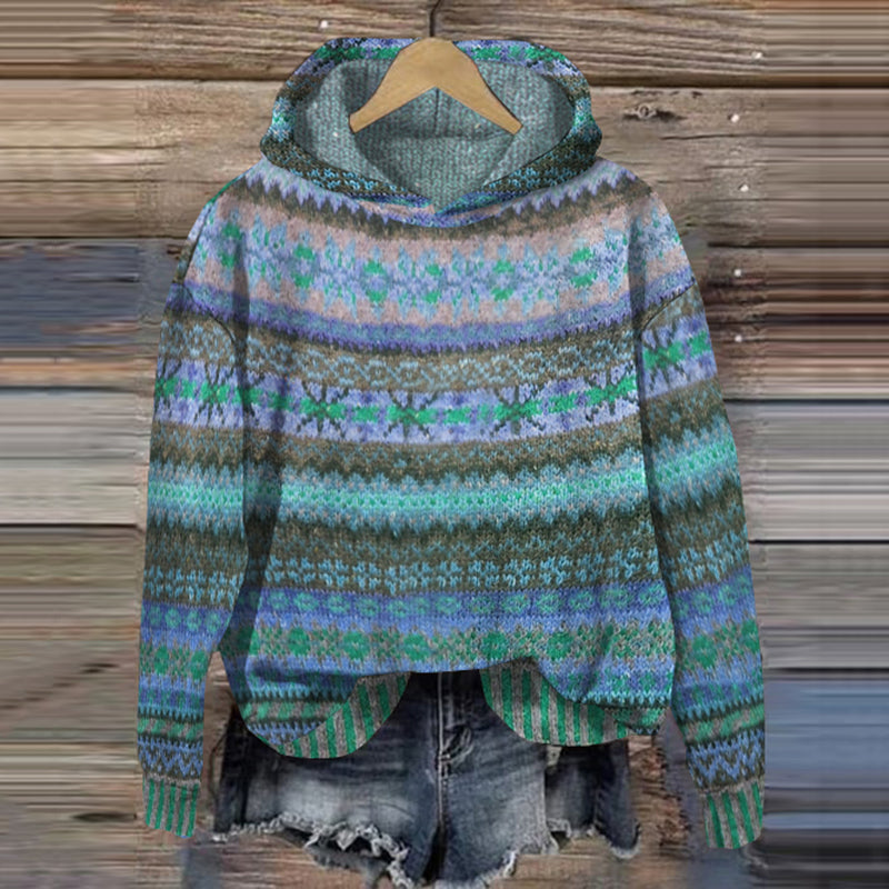 Women's colourful knitted jumper, vibrant patterns, soft knit, cosy and warm, ideal for layering, perfect for chilly weather.