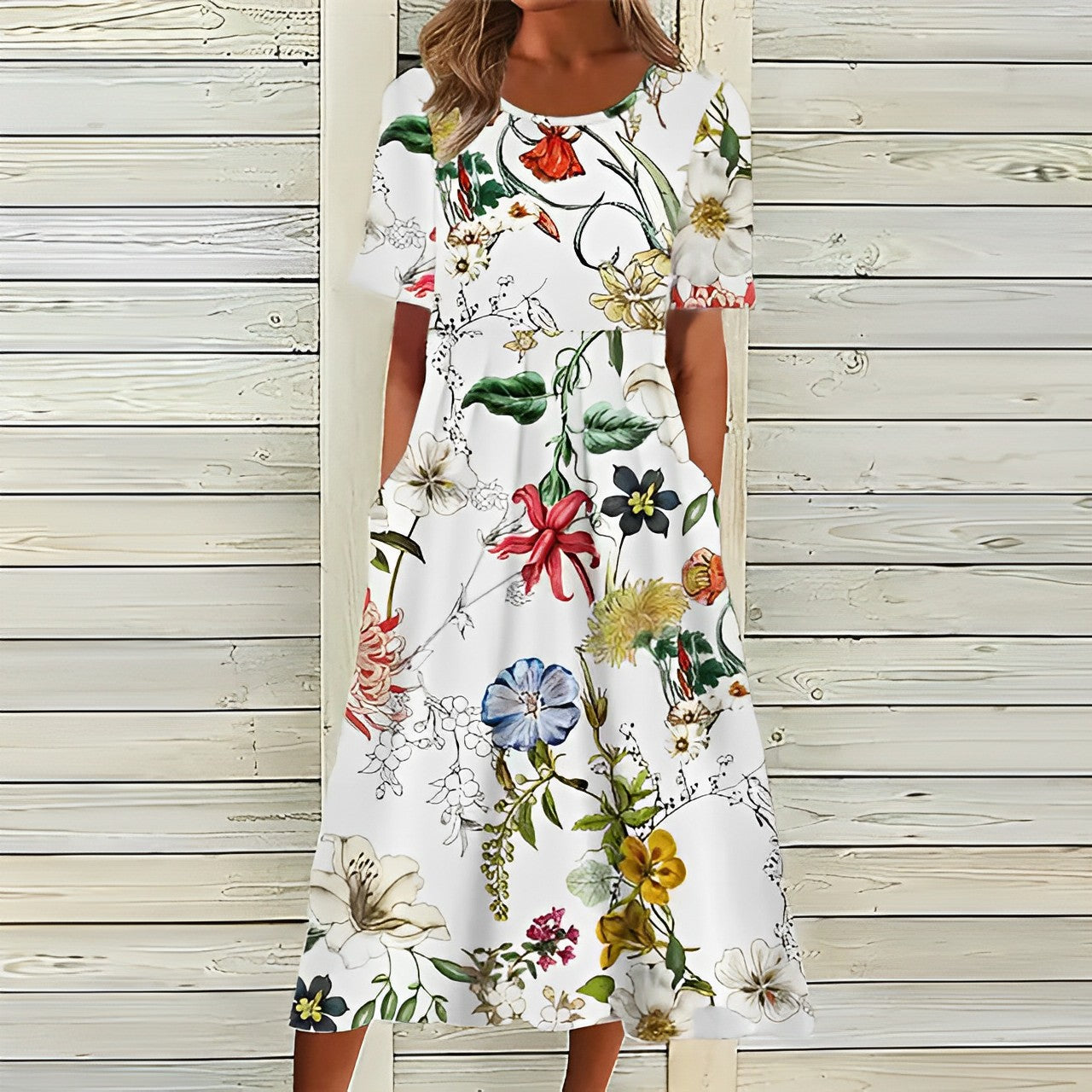 Ladies' Garden Print Mid Length Dress with Pockets - Luxivelle